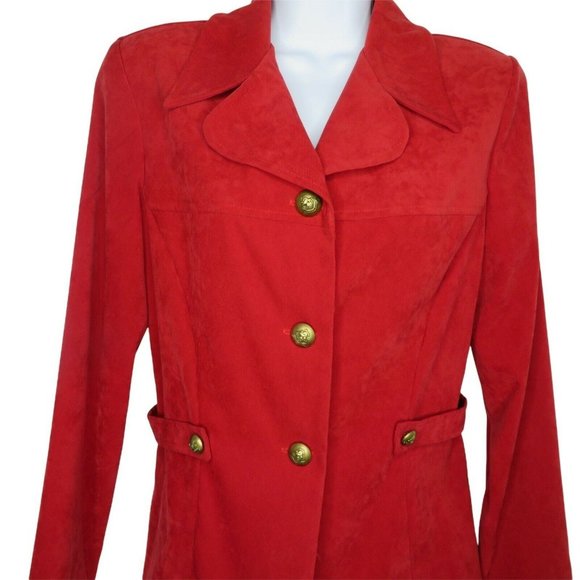 Vintage 80s Red Faux Suede Jacket Blazer M Button Waist Shoulder Pads USA Made - Picture 3 of 9